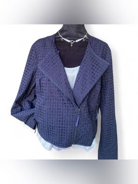 French Girl Aesthetic Boden Navy Eyelet Moto Jacket